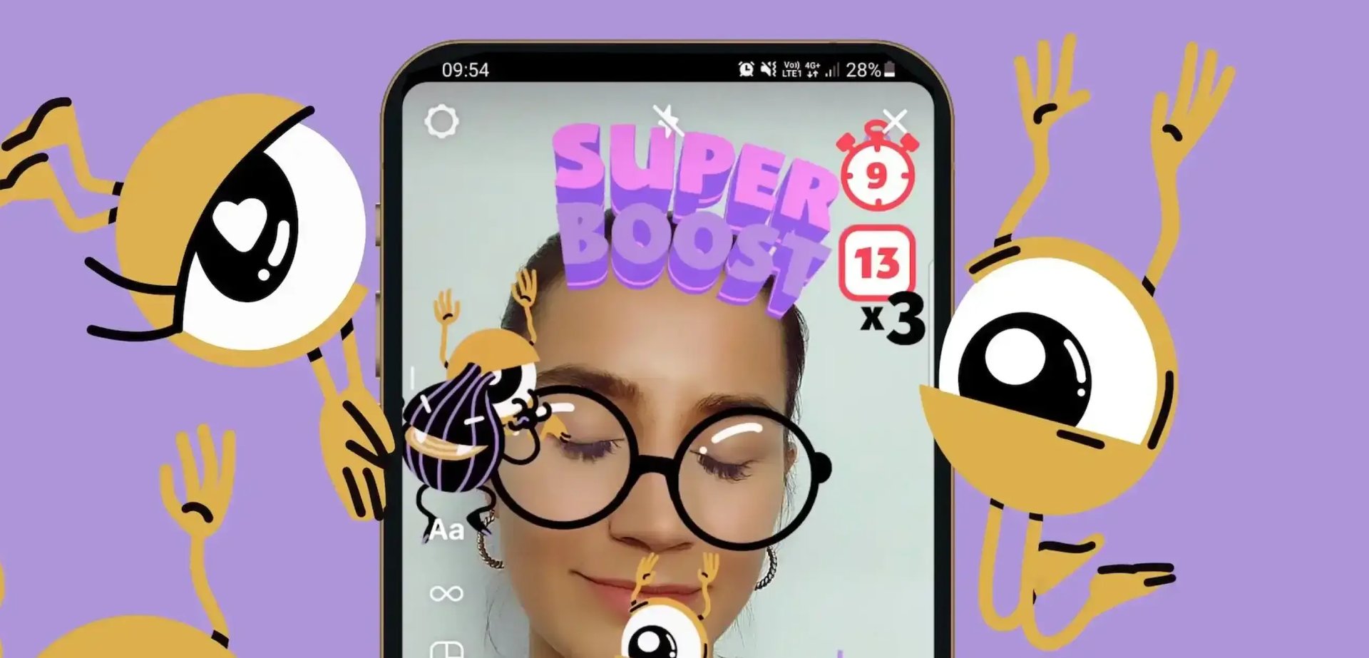 Auf einem Handy-Screen ist eine Frau zu sehen, die eine Brille trägt. Um sie herum fliegen Comic-Augen mit Händen und Füssen.