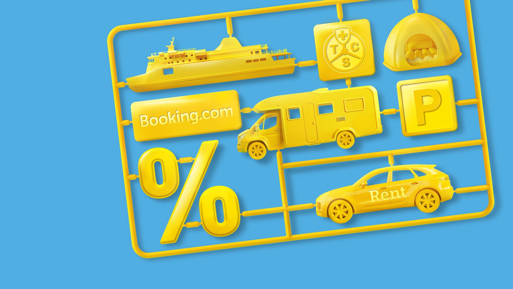 Vor einem hellblauen Hintergrund ist eine TCS-Mitgliedskarte in gelb zu sehen. Diese ist wie ein Gitter dargestellt, aus welchem man Benefits herauspicken kann.