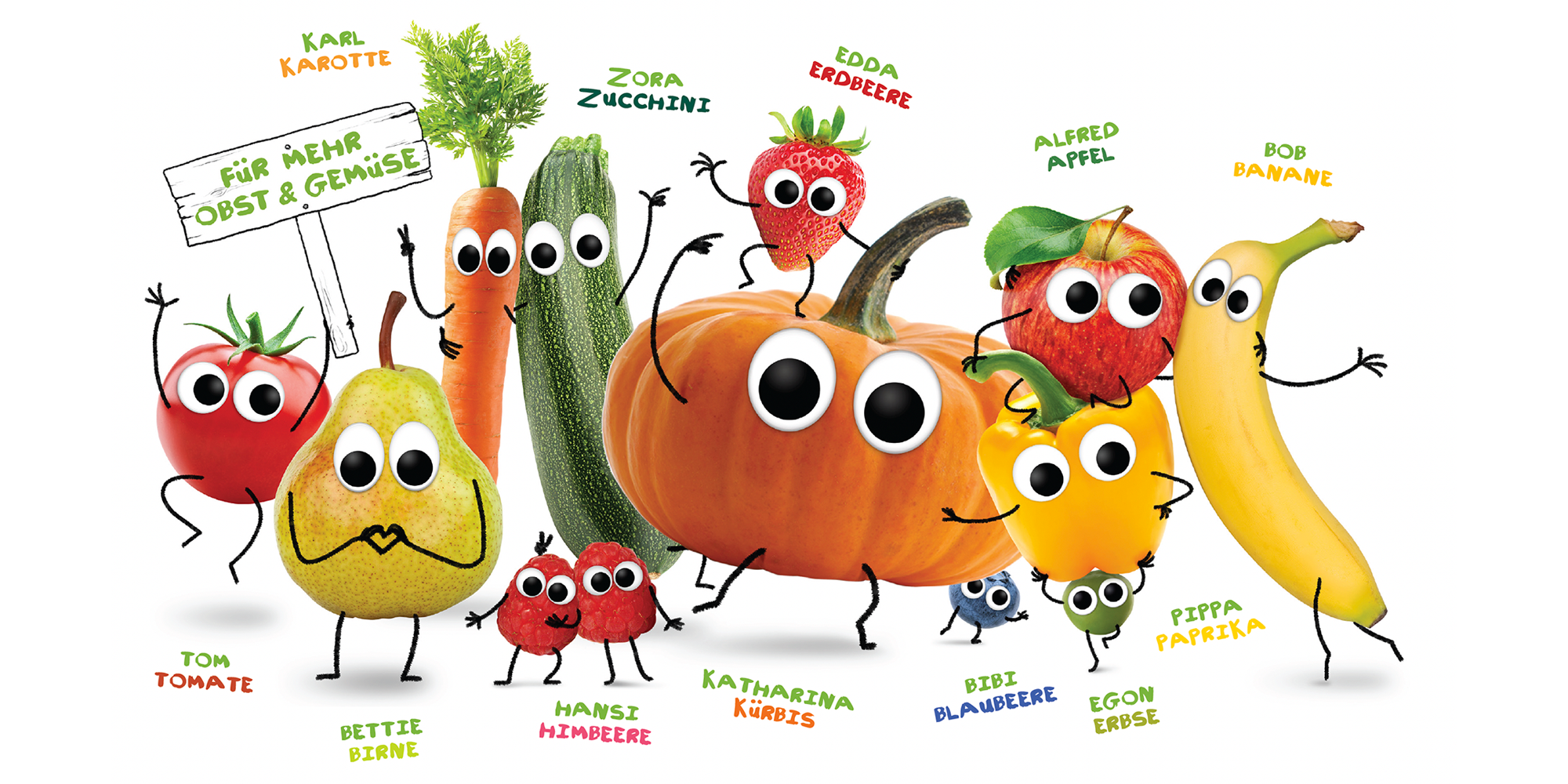 Früchte und Gemüse mit Kulleraugen und Armen und Beinen aus Strichen gezeichnet.